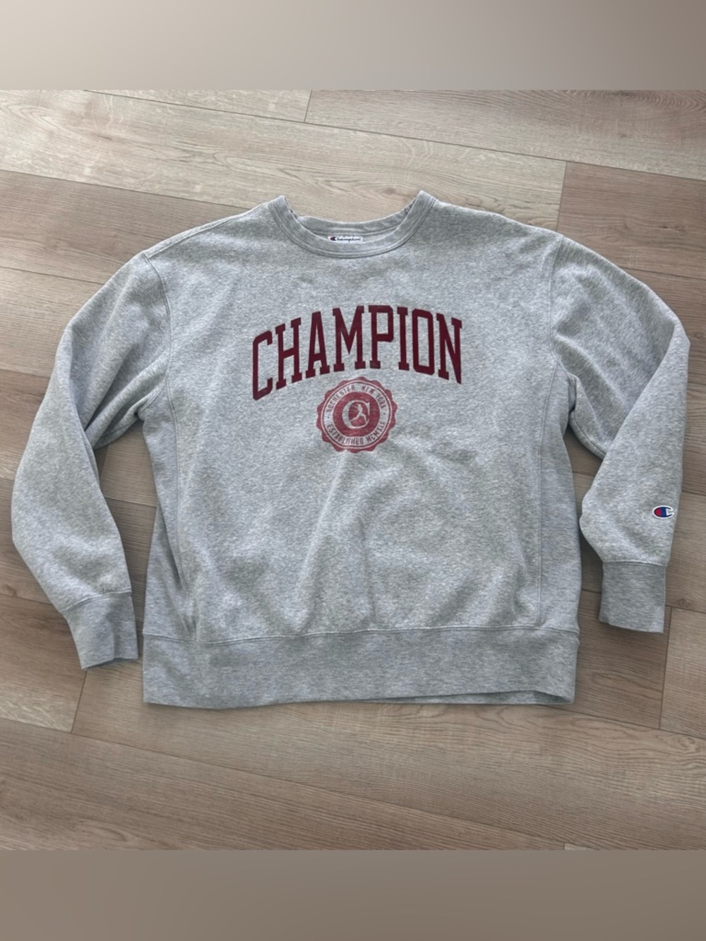 Champion Grey Crewneck Sweatshirt with Maroon Logo